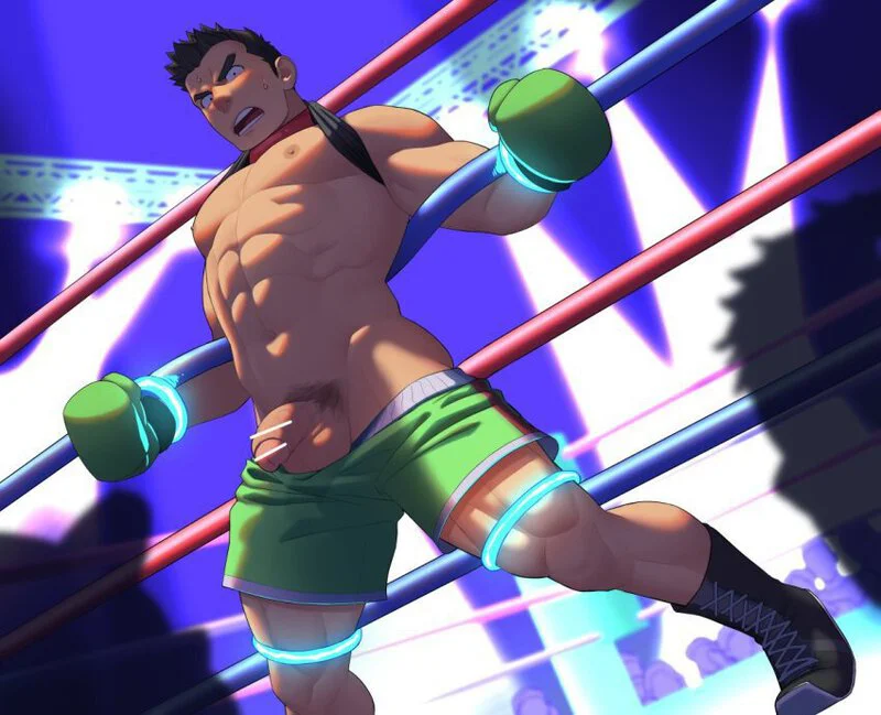 You push your opponent in the ropes and put his upper body behind it and lock him with his top. Then you start to remove his pants and underwear so that his cock is in full view. 