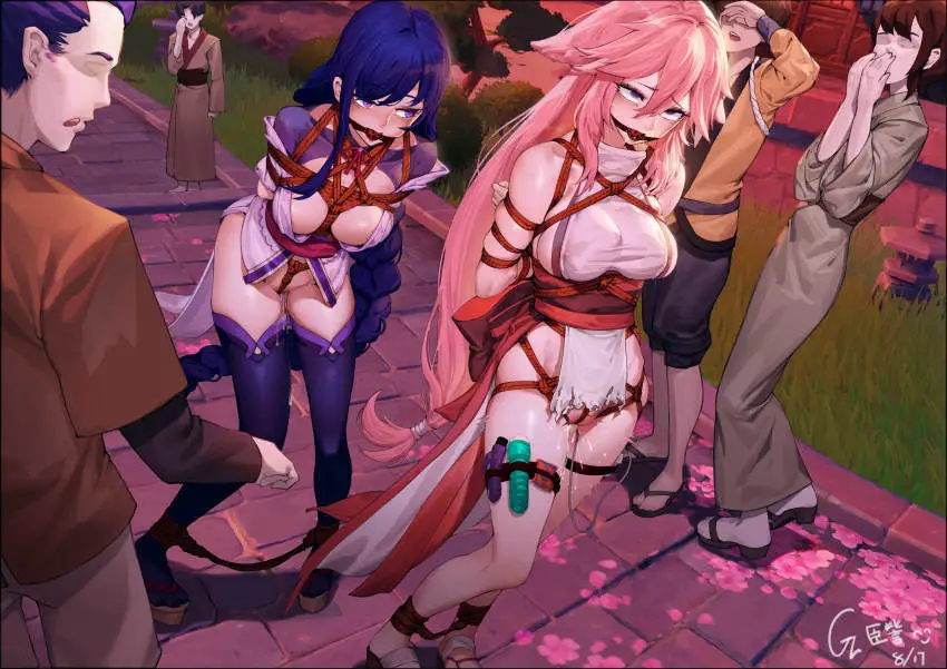 They fought well, but it wasn't enough to defeat you. To show your victory and to further humiliate them, you send the adventurers back to their hometown while in bondage, with a few toys nicely snugged inside them for extra lewd effect. You can only imagine how embarrassed they must be right now.