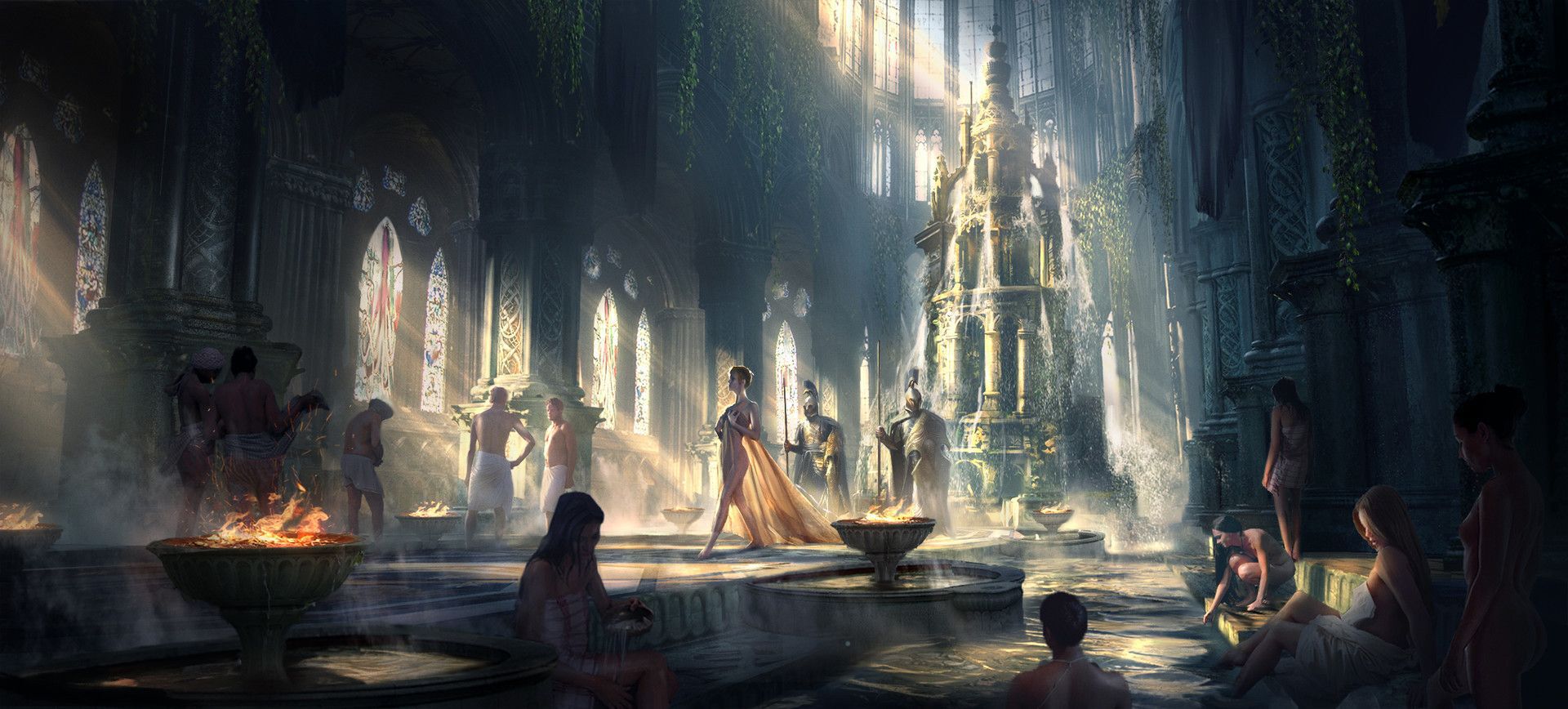 You enter a bathhouse, hearing it is one of the best and biggest in the city, with the steam making you sweat as you walk further inside it.