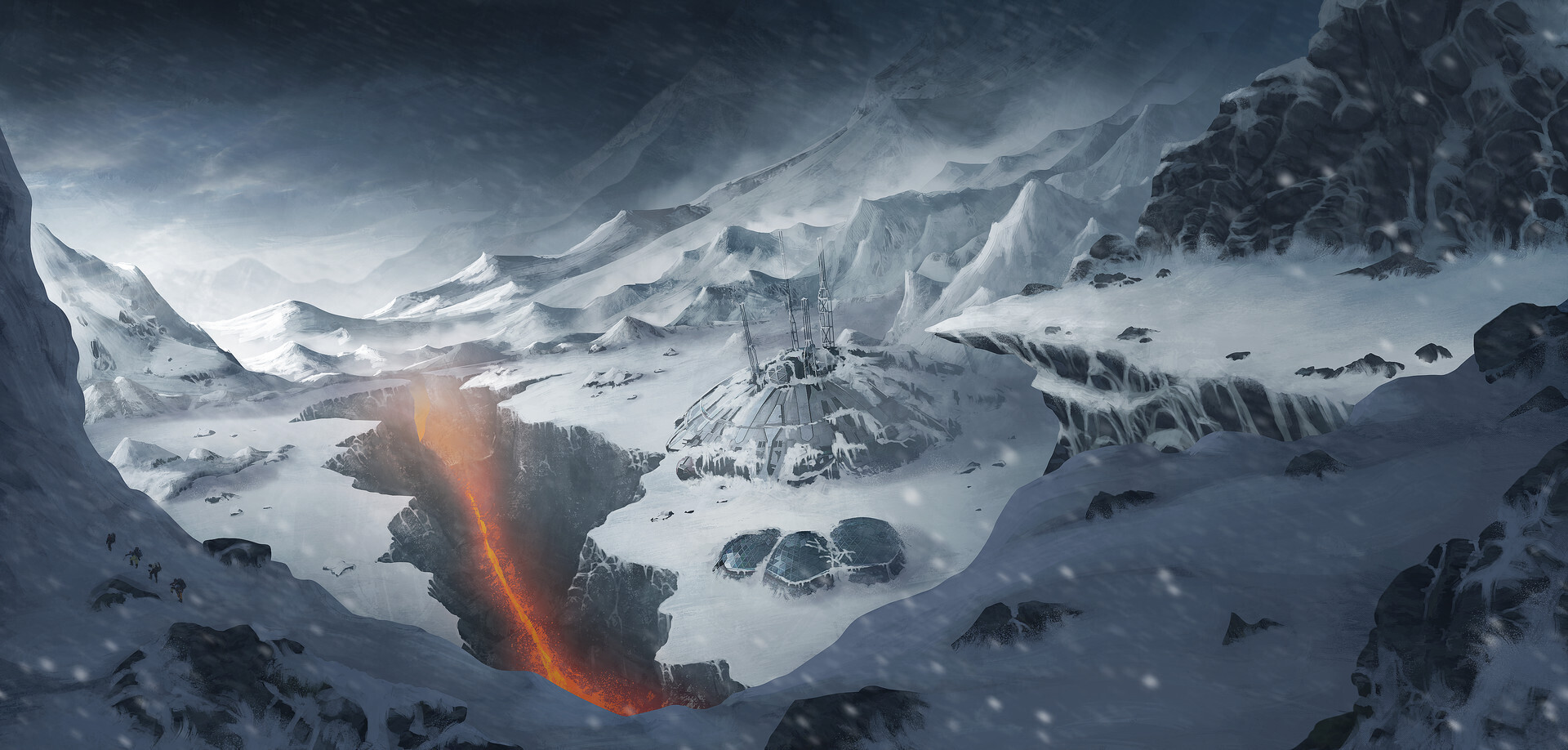 As you continue to wander through the frozen wasteland, you encounter a lava river flowing fiercely through the snowy landscape. The black volcanic rocks contrasted sharply with the white snow that surrounded the river's banks. The lava glowed a bright orange-red, emanating a warmth that was a stark contrast to the frigid air.