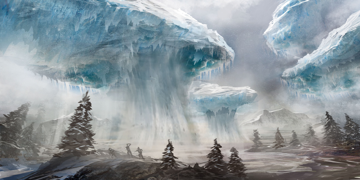 A massive floating glacier drifts over your head and through the sky like a ship on a sea of mist. The ice is a sparkling blue, the colors enhanced by the sunlight that filters through the clouds. Ancient runes are etched all over its surface, imbuing it with otherworldly power.