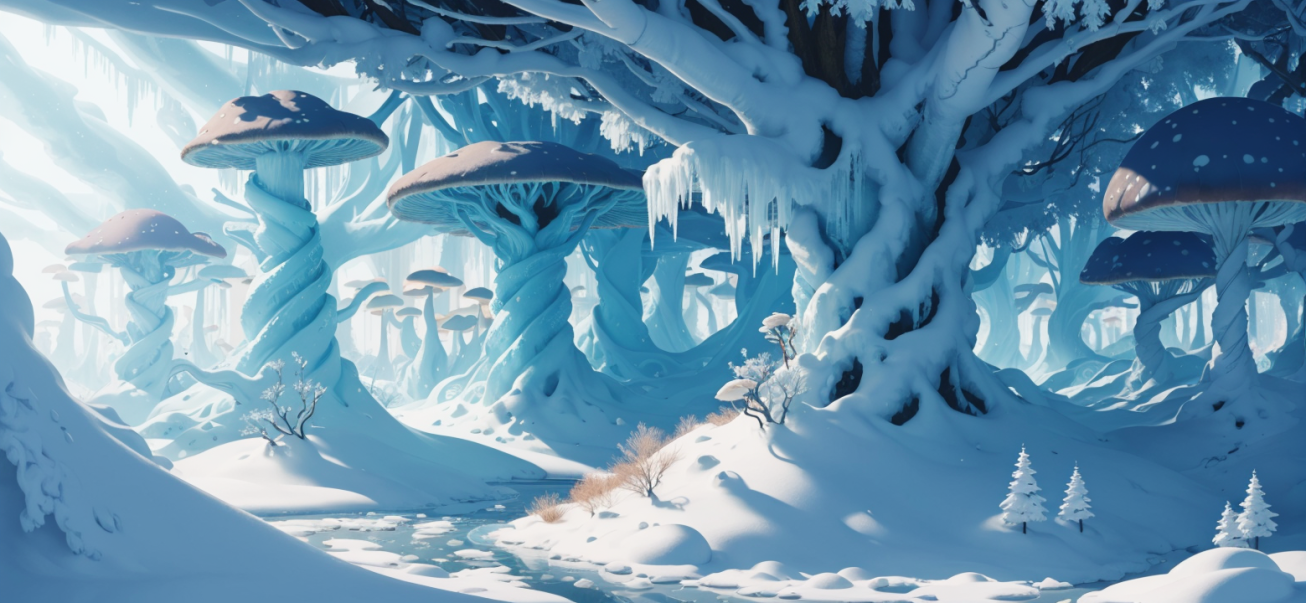 With an ethereal luminosity, the towering mushroom glowed as you entered a forest made out entirely of mushrooms. Each towering mushroom was made of pure ice and sparkled like diamonds in the faint light.