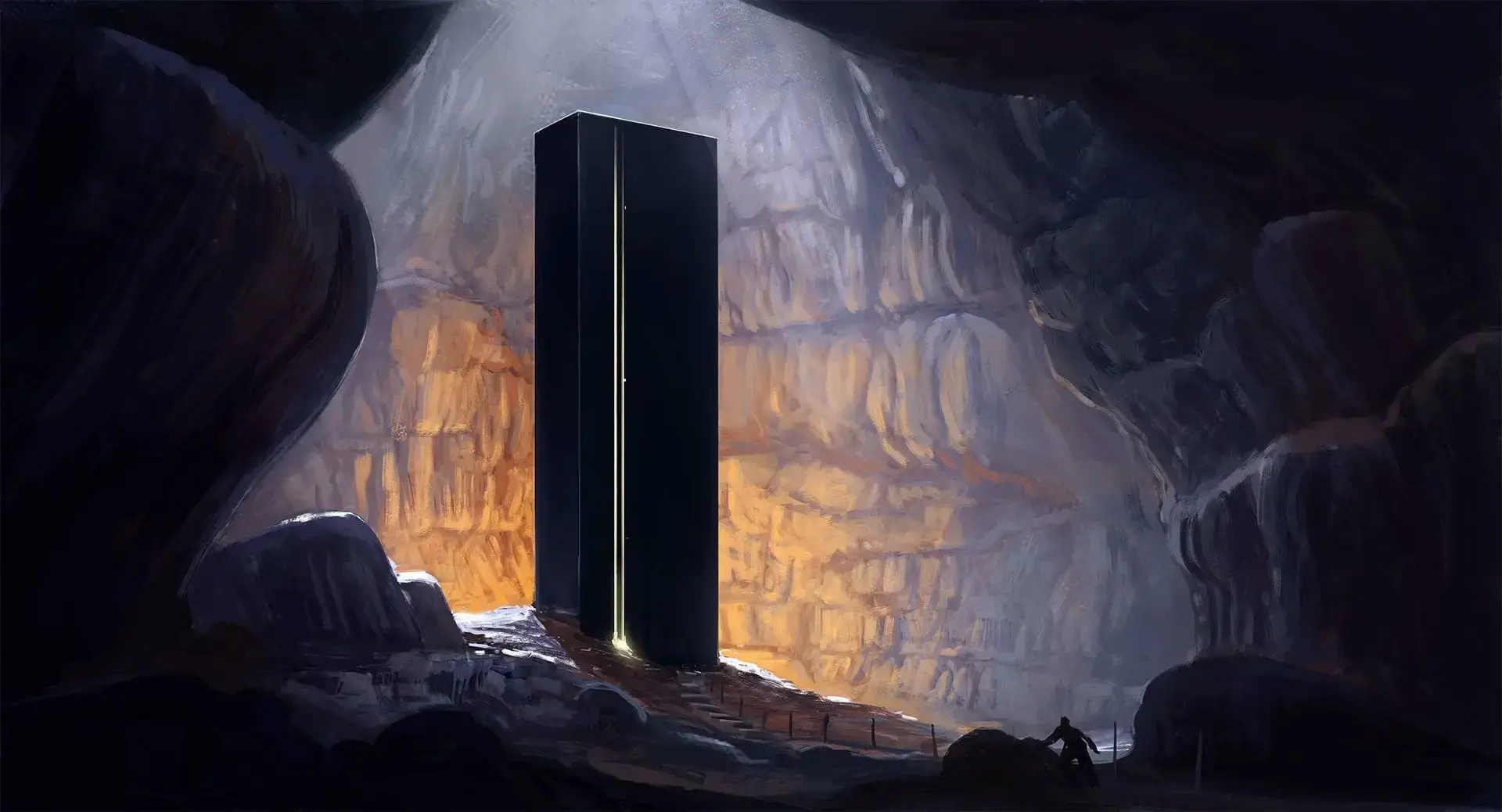 A black monolith stands tall and imposing before you, it's surface smooth and unblemished. You can only guess how it got here or what purpose it serves, but it's sheer size and strange properties make it a source of fascination and fear. 