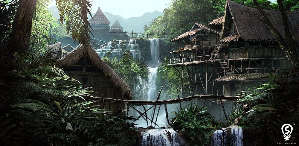 The lush and dense jungle you have been wandering through gives way to a view of a village that hatched huts, woven from native materials. You remember now that that is the village of the fierce female warriors you have heard about.
