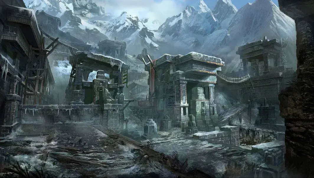 As you continue your journey deeper into the desolate snowy wasteland you find a ruined city. A palpable aura of dark magic lingers in the air, seeping through every cracked building and broken street, making the very ground tremble with ancient malevolence.