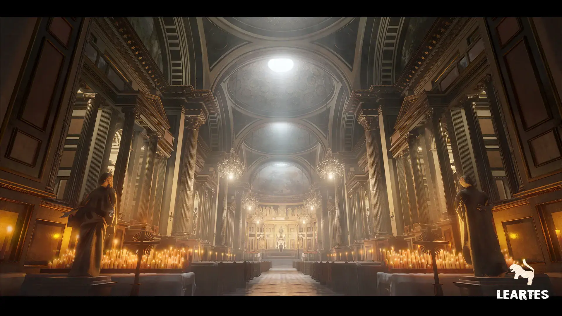 You entered a place of divine worship where mystic chants, incense, and candlelight create an ambiance of otherness. The altar stands at the heart of the nave, covered in a richly embroidered cloth and surrounded by flickering candles.