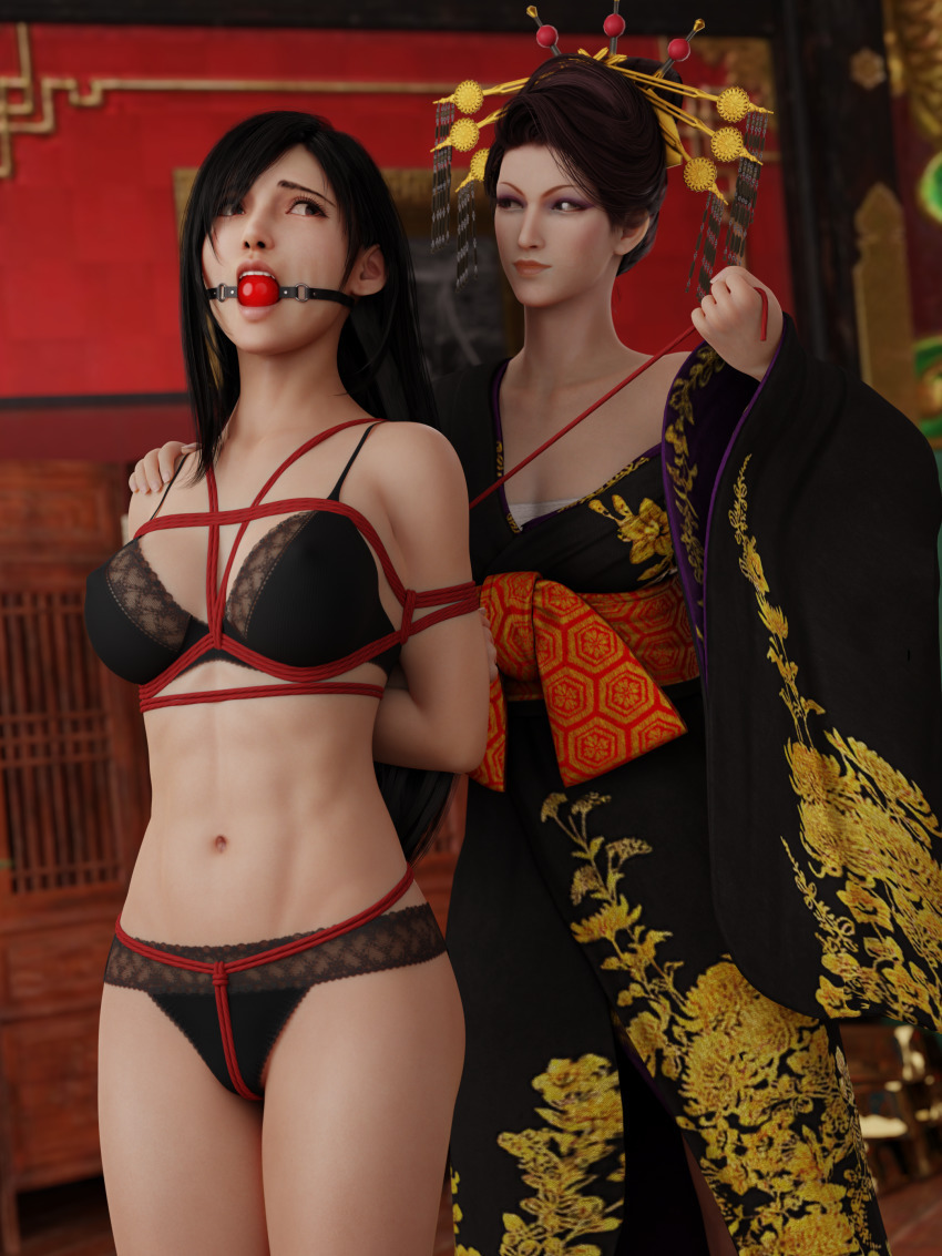 The skills and courage of the adventurer were simply not enough against the onna daimyo's strength and strategic prowess. Wanting to show the adventurer the error of their way she ties them up and starts a little bondage session with them.