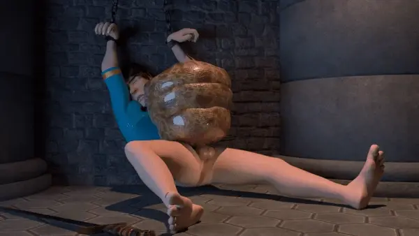 Chained by his arms, and milked by a leech