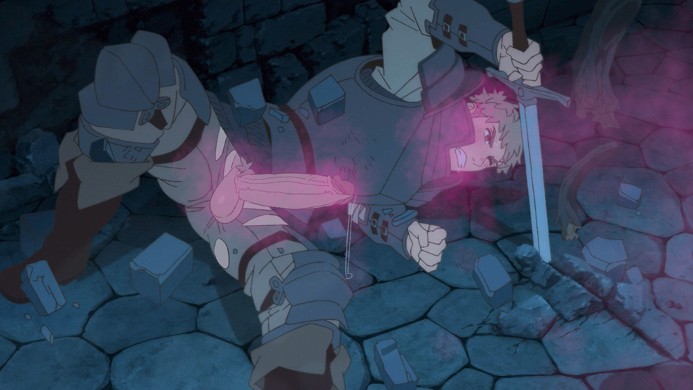 He's on the floor, throbbing hard, and leaking from an aphrodisiac mist