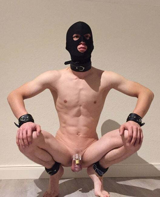 As you hear your dominant coming, you squat on your toes and spread your legs wide, showing your caged cock. By the way they look at you, you can tell that they are pleased.