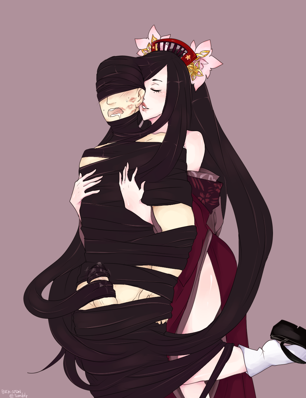 You cast a spell and your hair starts to move on its own. Like ropes it slings around him, wraping him up like a present. A present for you. Unable to move and see anything you start to rub his sensitiv cock with your hair and listen to his moans, waiting for him to give in.
