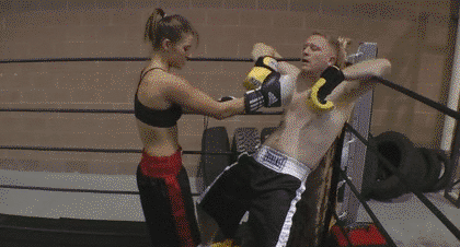 You want to show him that his defense is no problem to you. You trap him in the corner and unleash a series of low blows against his crotch that he will be sure to feel for a long time to come.