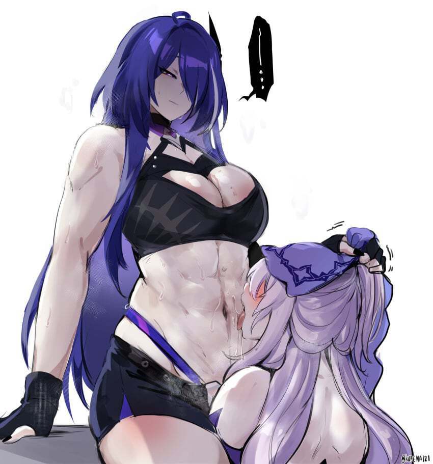 You grab her by the hair and force her head on your sweaty abs,commanding her to lick! You can't even hide your smirk when she actually goes for it~