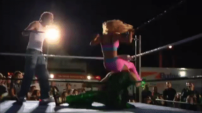You show him and the audience, rodeo and riding a face can happen always. So, when you have him in the corner, down on his ass, you jump and ride his face with a mighty Bronco Buster, before the ref can react.