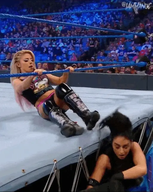 You follow as she flees the ring, sliding under the bottom rope. This was a mistake, as you end up crotching yourself on the ring curtain! It’s all up in there!