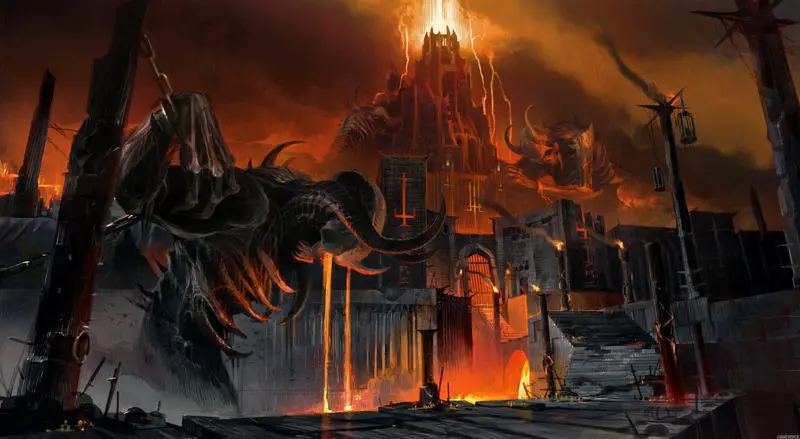 You stand before the castle of the underworld.
Five thin, round towers dominate the skyline of this massive castle and are connected by strengthened, solid walls made of dark black stone.
A vast gate with huge metal doors, a draw bridge and a moat it's the only way in, if you can make it, that is. 