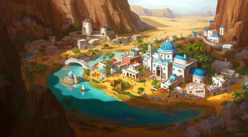 As you enter the oasis, you immediately notice that it is much cooler here than in the desert. Must be magic, probably. Let's find the nearest tavern to get something to drink and eat.