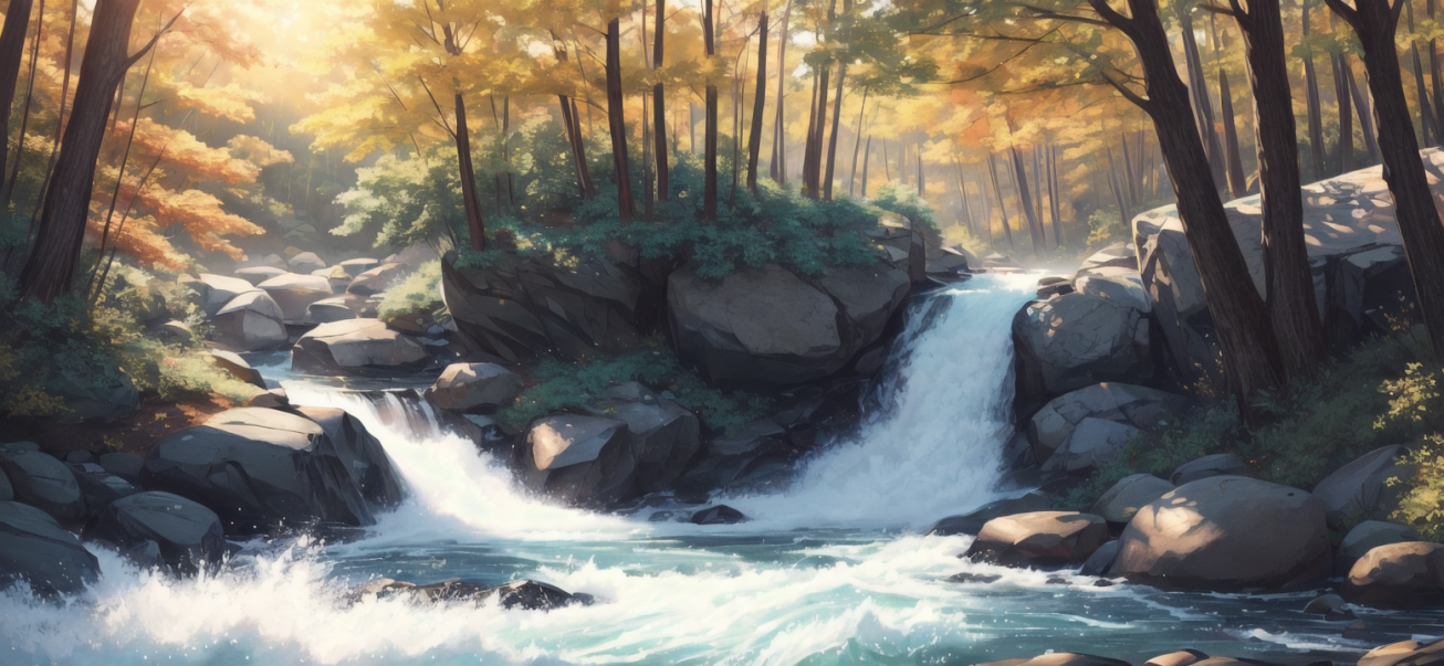 On your walk through the forest, you hear a lot of water splashing down, you go in the direction of it, and you see a beautiful river.