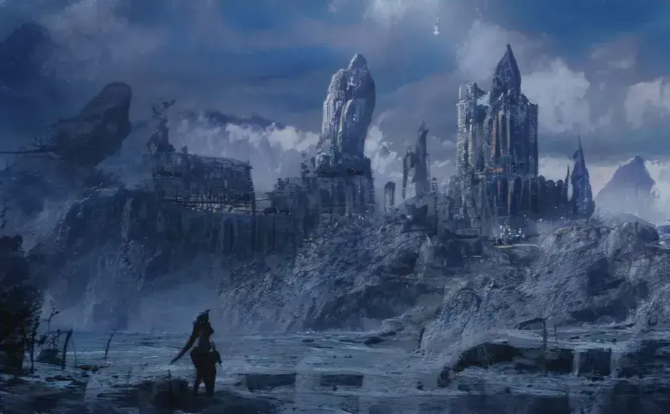 As you continue your journey deeper into the desolate snowy wasteland you find a ruined city. A palpable aura of dark magic lingers in the air, seeping through every cracked building and broken street, making the very ground tremble with ancient malevolence.
