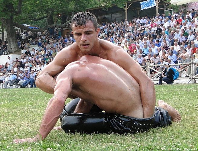 Pushing him down, you manage to push your hand into his pants and begin fingering his puckered anus.