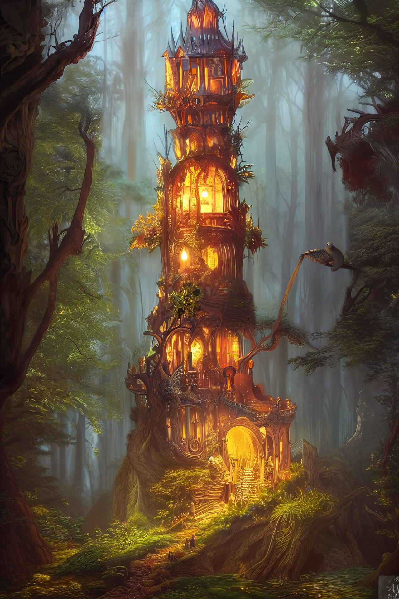 The silence was deafening, broken only by the occasional rustling of leaves or snap of a twig underfoot. As you walk through the forest after a while, you notice a building in the distance... Getting closer to it... You realize it's a tower... A tower in a forest... A forest tower... You wonder who built it... 