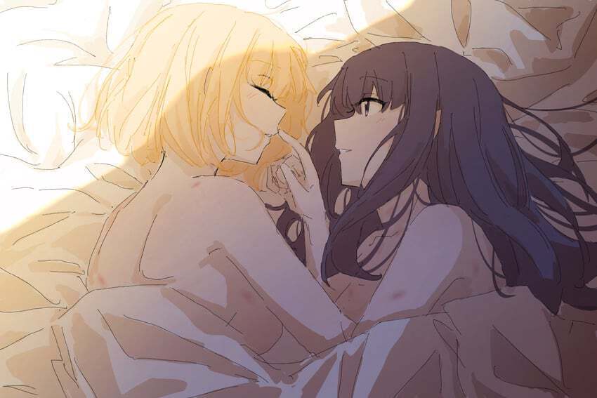 The fight is over. Your sex competition ends here and now with both of your exhausted and sweating. The last orgasm still trembling your partner but you surely enjoyed every sweet second of it. Well it was surely a hot time based on the amount of hickeys on her neck~. You cuddle her up, snuggling her tightly and making her feel all comfy ♡