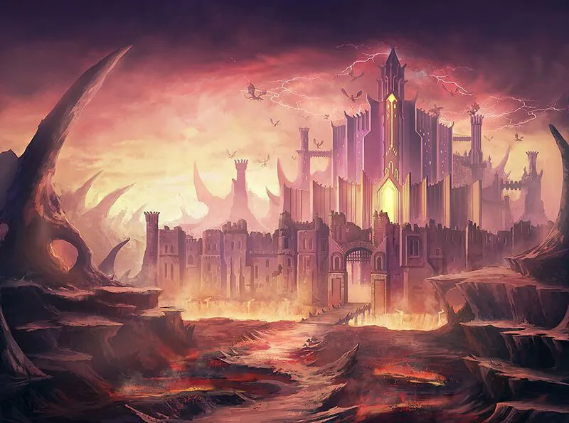 You stand before the castle of the underworld.
Five thin, round towers dominate the skyline of this massive castle and are connected by strengthened, solid walls made of dark black stone.
A vast gate with huge metal doors, a draw bridge and a moat it's the only way in, if you can make it, that is. 