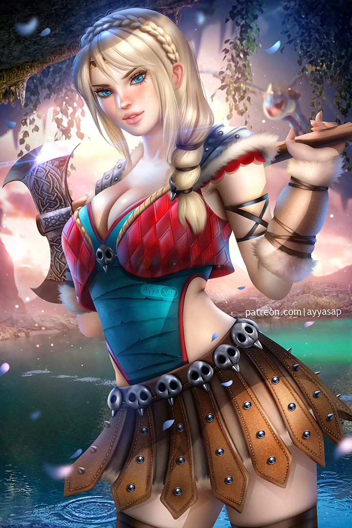 You call forth a brutish warrior from the icy northlands to take down the adventurer. She stands there, strong and unflinching while staring down the adventurer.