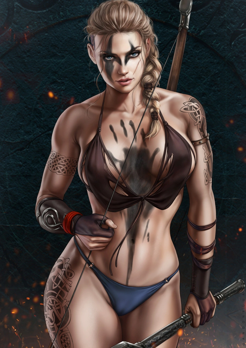 You call forth a brutish warrior from the icy northlands to take down the adventurer. She stands there, strong and unflinching while staring down the adventurer.