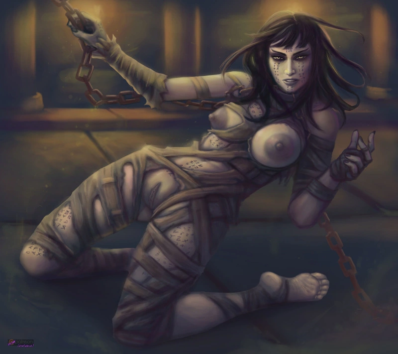 You use necromancy to summon a powerful being from an ancient tomb: a mummy! Clad only in bandages that leave very little to the imagination, she begins to work her magic on the adventurer...