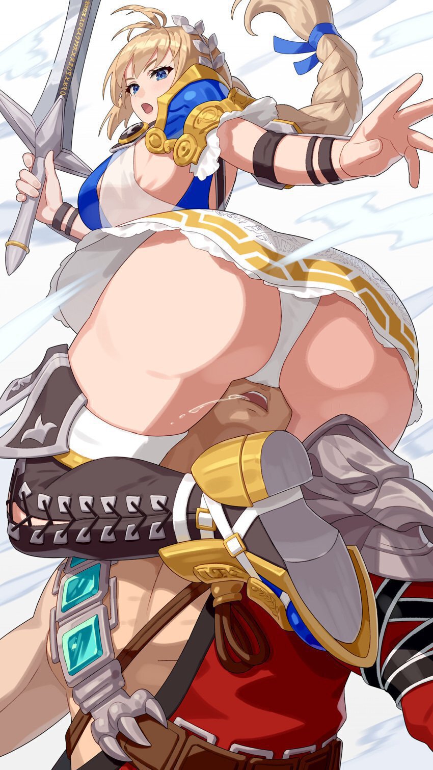 As you wrestle with the bandits, you manage to wrap your legs around one of them, locking his head right at your pussy. Squeeze tighter or else he might rub you nicely.