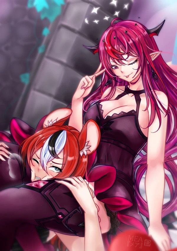 Time to show them who's in charge here. You wrap your thighs around her head and start to squeeze, making it harder for her to breathe. You bet a small part of them actually enjoys being crushed by your thighs.