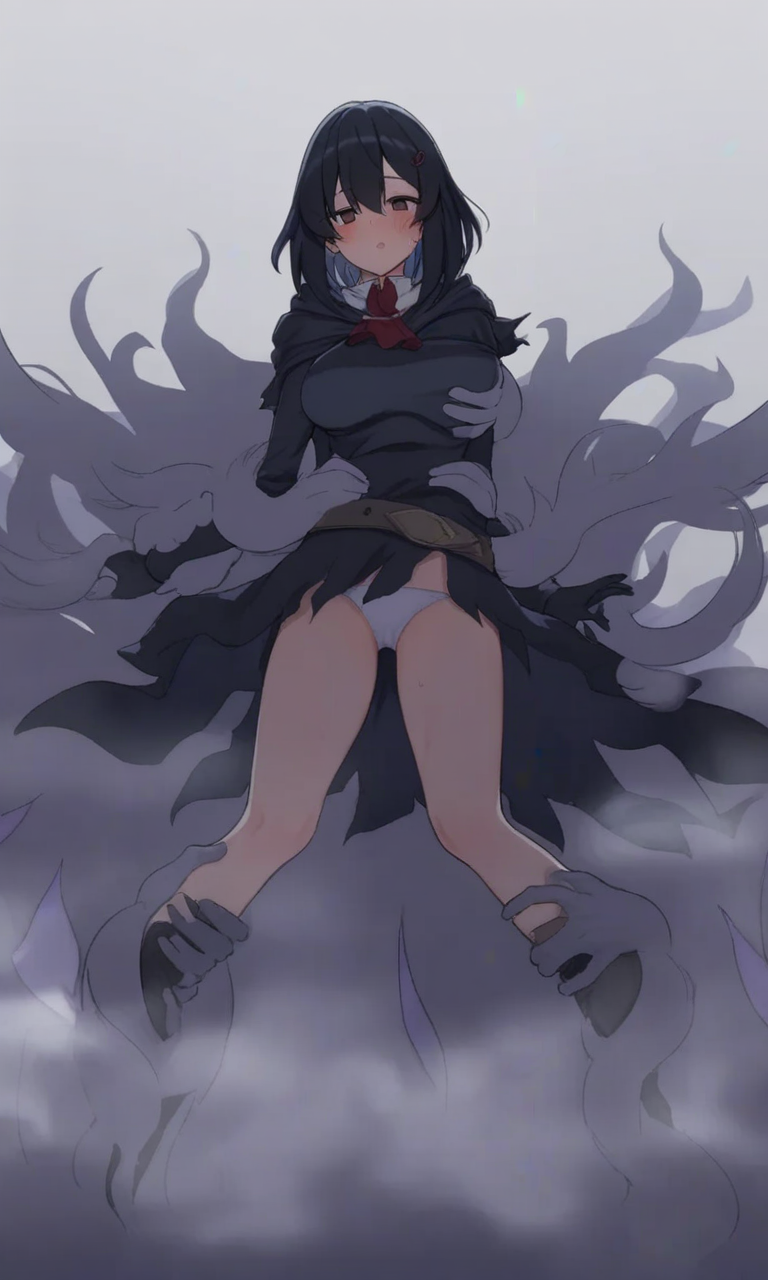 You catch the foolish adventurer in a magic fog that coalesces into hands that restrain and play with her body.